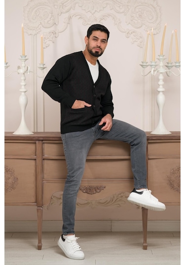 Woolen World Regular Fit V Yaka Ön Cepli Desenli Triko Hırka Siyah