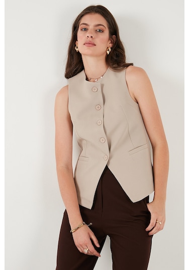Lela Regular Fit Bisiklet Yaka Kolsuz Düğmeli Basic Bluz Bayan Yelek 65200004 Taş