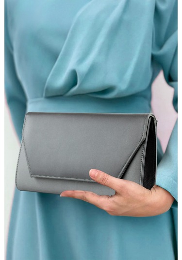 Erkan Saçmacı Antrasit Saten Zincir Askılı Manyetik Kapaklı İç Cepli Zarif Abiye El Çantası Antrasit