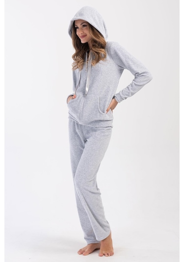 Kadın Kadife Fermuarlı Kapüşonlu Gri Melanj Takım C8t6n2o304 001