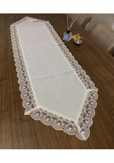 Linen Jute Simli Krem Keten Runner40x140 Cm