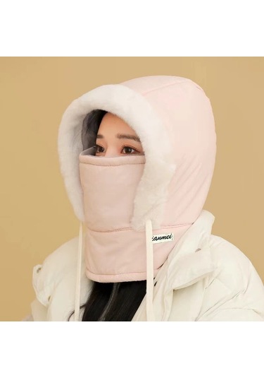 Kulak Korumalı Rüzgar Ve Kar Maskeli Boyun Atkısı Entegre Şapka Pembe