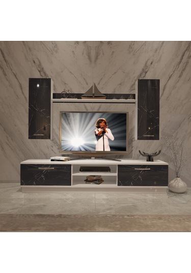 Decoraktiv Eko 5db Mdf Dvd Tv Ünitesi Tv Sehpası Beyaz - Siyah Mermer
