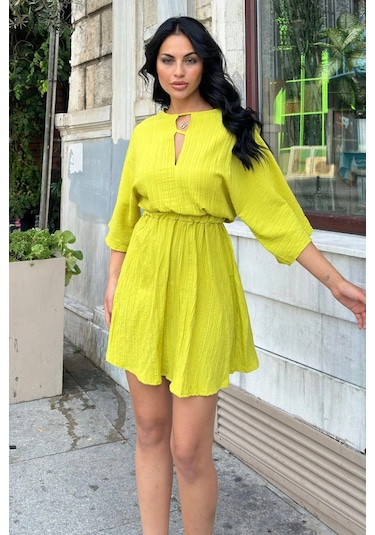 Yağ Yeşili Yaka Detaylı Lastikli Kloş Elbise Yağ Yeşili