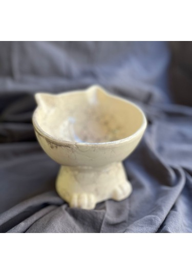 Bylewoo Siyah Beyaz Ebru Desen Kedicik Model Seramik Mama Kabı