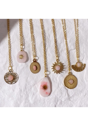 Soulader Kadın S Beden Pembe Doğal Taş Kolye Altın Kaplama Çiçek Desenli Su Damlası Geometrik Şık Paslanmaz Çelik Kolye Aksesuar Çok REnkli