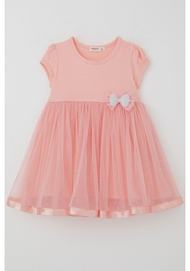 Breeze Kız Çocuk Elbise Tüllü Simli Fiyonk Aksesuarlı 2-6 Yaş, Somon SOMON