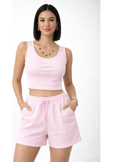Trend Alisse Kadın Beli Lastikli Pembe Şort Crop Alt Üst İkili Takım Pudra Pembesi