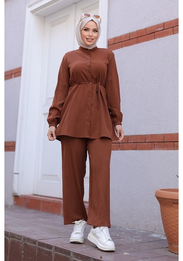 Hakim Yaka Detaylı Tesettür Kahverengi Takım Kahverengi