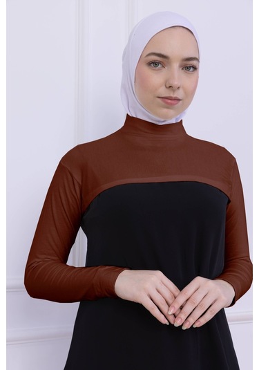 Balıkçı Yaka Boyunluklu Kolluk Kiremit - Likralı Dik Yakalı Kadın Body Tesettür Crop Bolero Kiremit