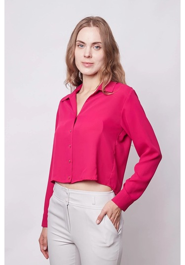 Kadın Likrasız Şık Kumaş Yakalı Uzun Kol Kısa Gömlek-vişne Vişne