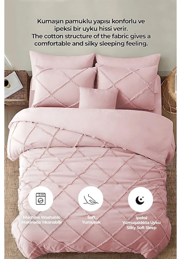 Evlen Home Pamuklu Aimar Yatak Örtüsü Takımı Çift Kişilik Günlük Boho 3 Parça Elyaf Dolgulu Pudra Pudra