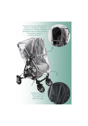 Mordesign Fermuarlı Ultra Lüx Bebek Arabası Yağmurluğu Şeffaf