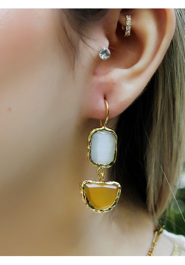 İkili Model Kedigözü Cam Sallantılı Kadın Küpe Euku26s Sarı