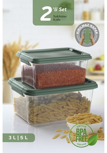 2'li Set Kilit Kapaklı Un Bakliyat Erzak Kabı - Çok Amaçlı Düzenleyici Deterjan Saklama Kutusu 3l-5l Yeşil