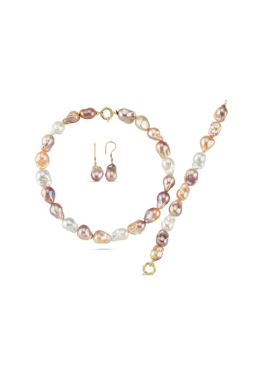Multicolor Doğal Barok İnci Kolye Bileklik Küpe Üçlü Set Sarı