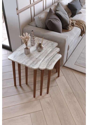 Zuesse Dizayn Reyhan 3lü Zigon Sehpa & Yan Sehpa Ahşap Ayaklı Salon Seti Çay Sehpası - Kristal