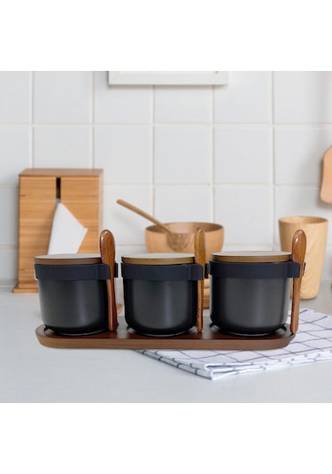 Suntek Magideal 3 Adet Seramik Baharat Kavanozları Porselen Çeşni Siyah