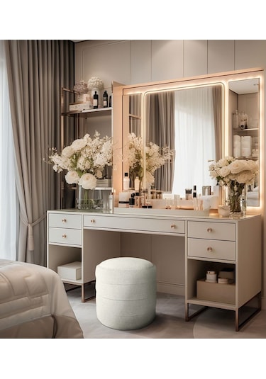 Gazzini Furniture Diana Slim Line Luxury Havlu Kumaş Silindir Dekoratif Makyaj Masası Puf Beyaz