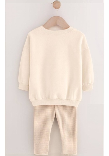 Kız Çocuk Balerin 3d Tütü Aplike Detaylı Sweatshirt Çizgili Tayt Alt Üst Takım KREM