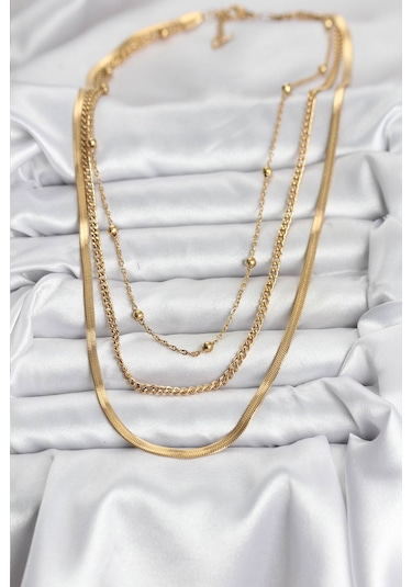 316l Çelik Gold Renk 3'lü Kadın Kolye Eb-bko10630 Çok Renkli