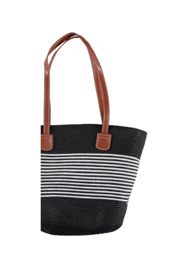 Kadın Hasır Çanta Plaj Çanta Yazlık Premium Çizgili Tasarım Hasır Siyah