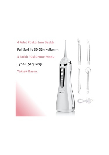 Valkyrie Şarj Edilebilir Diş Protez Bakım Ağız Duşu 4 Başlıklı Taşınabilir 1. Kalite Beyaz