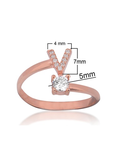 Zirkon Taşlı Pırlanta Montür Rose Altın Kaplama V Harfli Gümüş Yüzük Gümüş - Rose Gold
