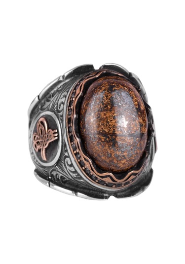 Gerçek Doğal Bronzit Taş Yüzük, 925 Ayar Katı Gümüş Erkek Yüzüğü, Osmanlı Tuğra Yüzüğü Gümüş