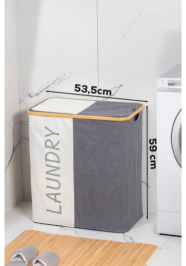 Porsima Mio-103 Bambu 2 Bölmeli Banyo Kirli Çamaşır Sepeti Banyo Düzenleyici Sepet 59x53,5 Cm Renkli