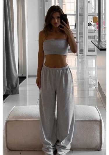 Gri Geniş Paça Basic Kadın Eşofman Altı Mg2553 Gri