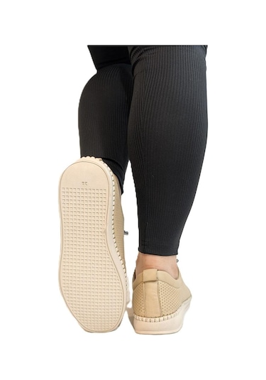 Voyager Z094 Bej Hakiki Deri Lazer İşlemeli Bayan Ayakkabı Bej