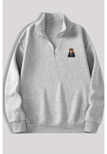 Gri Fermuarlı Dikyaka Sweatshirt- Minik Kedi - Kışık Şardonlu Kumaş Gri