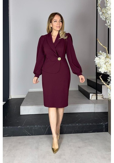 G1192 Düğme Detaylı Elbise Bordo Bordo