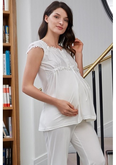 Bone Club 4520 Ekru Hamile Lohusa Dantelli Pijama Takım