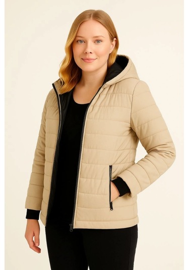 Şişme Kapüşonlu Fermuarlı Mont Su Itici Kapitone Astarlı Kumaş Cepli Kışlık Rahat Kalıp - Bej Bej