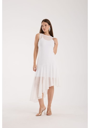 Eteği Volanlı Uzun Elbise Kırık Beyaz