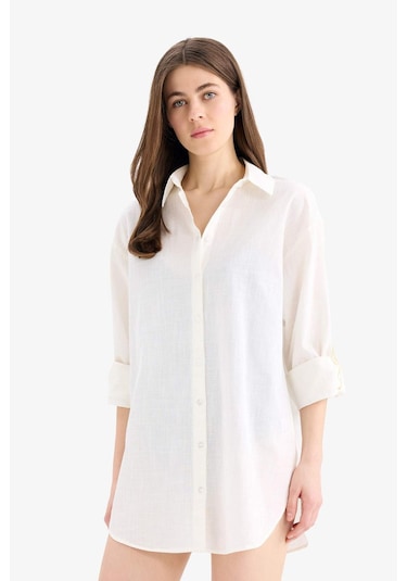 DeFacto Regular Fit Pamuklu Plaj Gömleği-Fall in Love W8241AZ25SMWT16 Beyaz