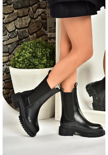 Fox Shoes T652449009 Siyah Kalın Tabanlı Kadın Bot Siyah-Suni Deri Siyah