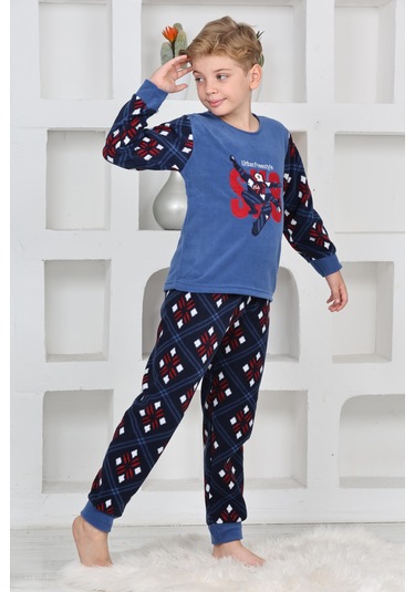 Yeni Sezon Sonbahar/kış Erkek Çocuk Skate 8 Desenli Polar Pijama Takımı 4536 Mavi
