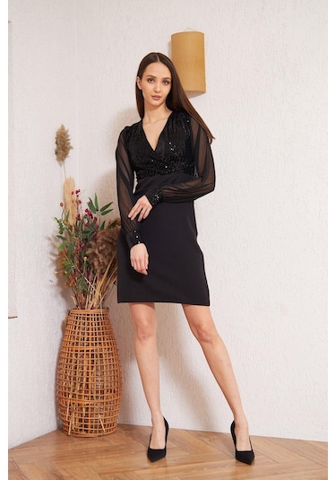 Darlin Moda Siyah Pullu Abiye Elbise Dm1015