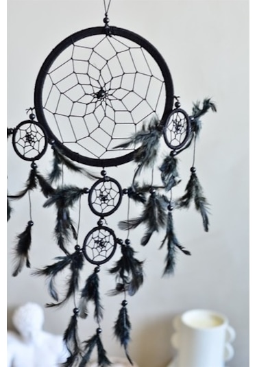 Üç Gözlü Siyah Rüya Kapanı / Dreamcatcher (16,5 Cm Çap)