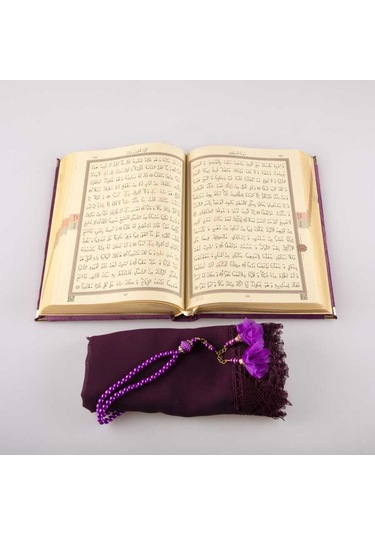 Şal + Tesbih + Kuran Hediye Seti (Hafız Boy, Kadife, Mor)