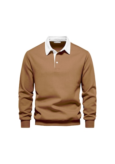 Ghassy Co. Erkek Retro Renk Bloklu Pamuklu Gömlek Yaka Sweatshirt Tarçın