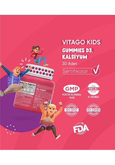 Vitago Kids Gummies Vitamin D3 Kalsiyum İçeren Takviye Edici Gıda 60 Kapsül
