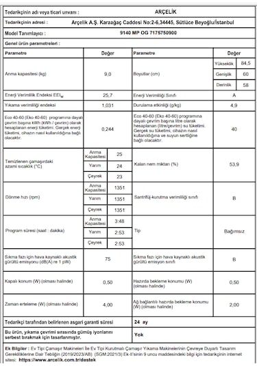 Arçelik 9140 MP OG 1400 Devir 9 KG Çamaşır Makinesi