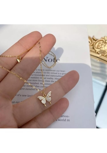 Çift Katlı Kadın Kelebek Kolye - Kararmaz Altın Kaplama