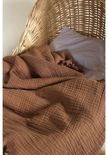 Müslin Püsküllü 4 Katlı Müslin Battaniye 90x120 Cm - Ze4katlı Kahverengi