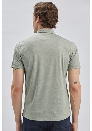 Imza Koyu Haki Desenli Oxford Polo Yaka Cepli Casual Slim Fit Dar Kesim Tişört 1011240178-Koyu Haki