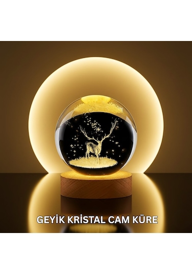Doğal Ahşap Standlı Geyik Figürlü Kristal Küre Led Dekoratif Lamba Standart
